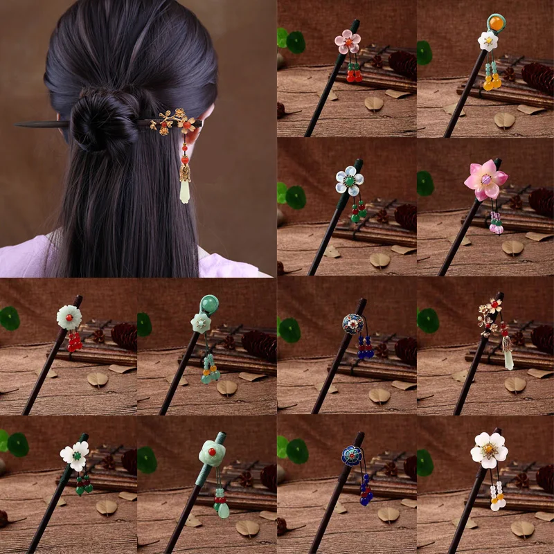 

Vintage Wooden Hair Stick Chinese Style Long Tassels Hairpins Bead Step Shake Wood Hair Chopsticks Ethnic Hair Jewelry