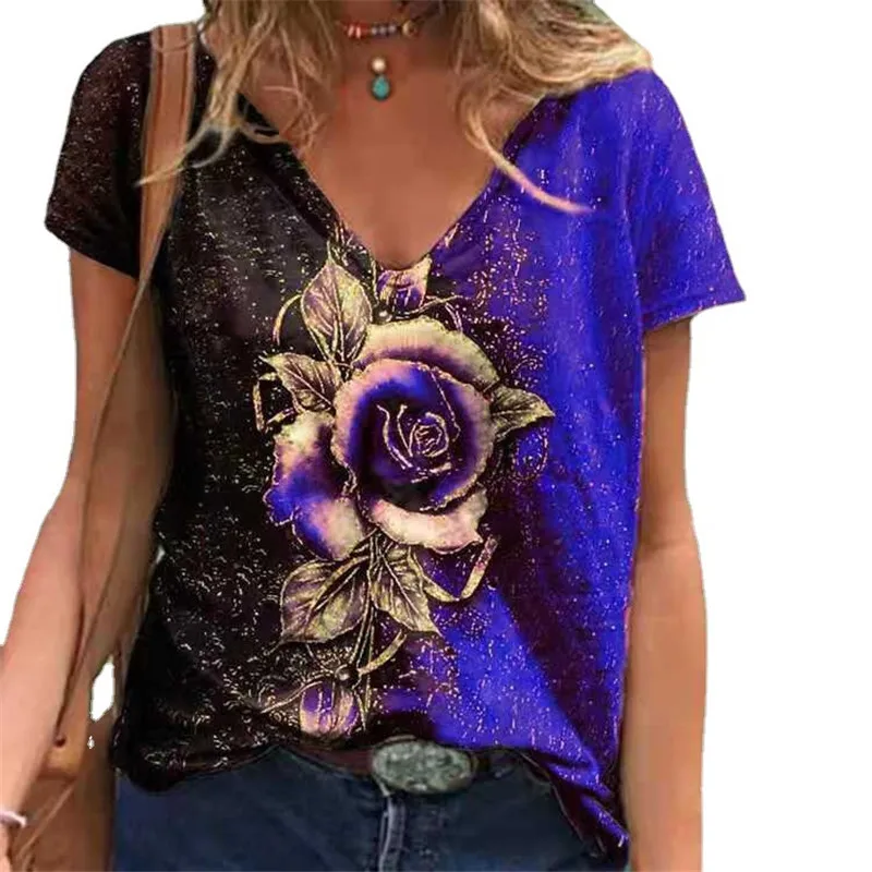 

Floral Print T-shirts Women Fashion Short Sleeve T-shirt Loose Plus Size Female Tops 5XL Street V-neck T-shirt Top