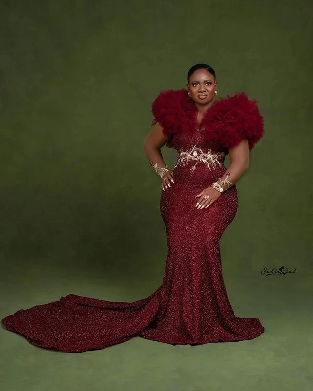 

Burgundy Aso Ebi African Evening Dresses Mermaid Sequins Sparkle Long Dubai Saudi Arabic Black Girls Evening Gown Prom