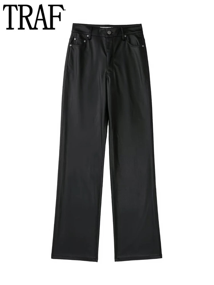 

TRAF Women's Black Pants 2022 High Waist Leather Pants For Women Autumn Korean Streetwear Y2K Straight Leg Trousers Woman