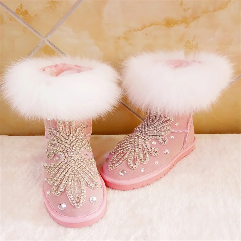 

Pink short tube snow boots fur one rabbit hair rhinestone all real fox leather cowhide snow boots cotton snow boots 35-44