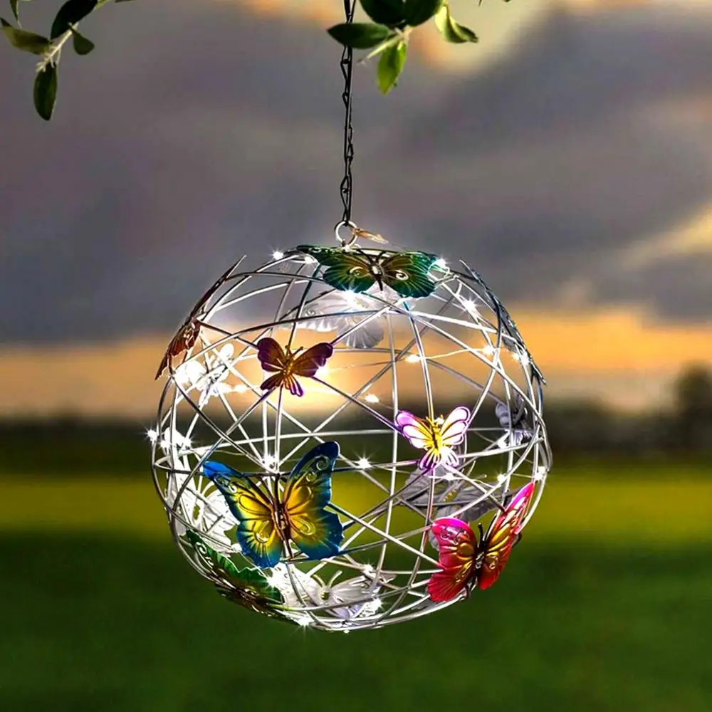 

Butterfly Pendant Weaving Mesh Outdoor Home Decorative Nightlight Metal Butterfly Round Ball Light Landscape Solar Garden Light