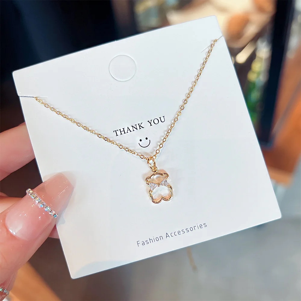 Bow Hollow Bear Zircon Bowknot Nimble Lucky Love Heart Mother's Day Pendant Necklace Woman Girl Wedding Blessing Jewelry