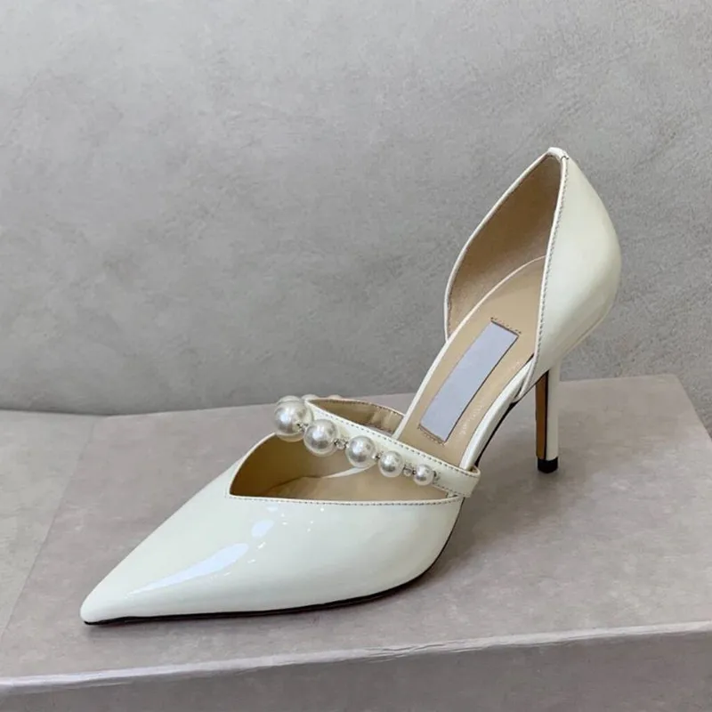 2023New European and American women's high heels pointed pearl belt patent leather stilettos