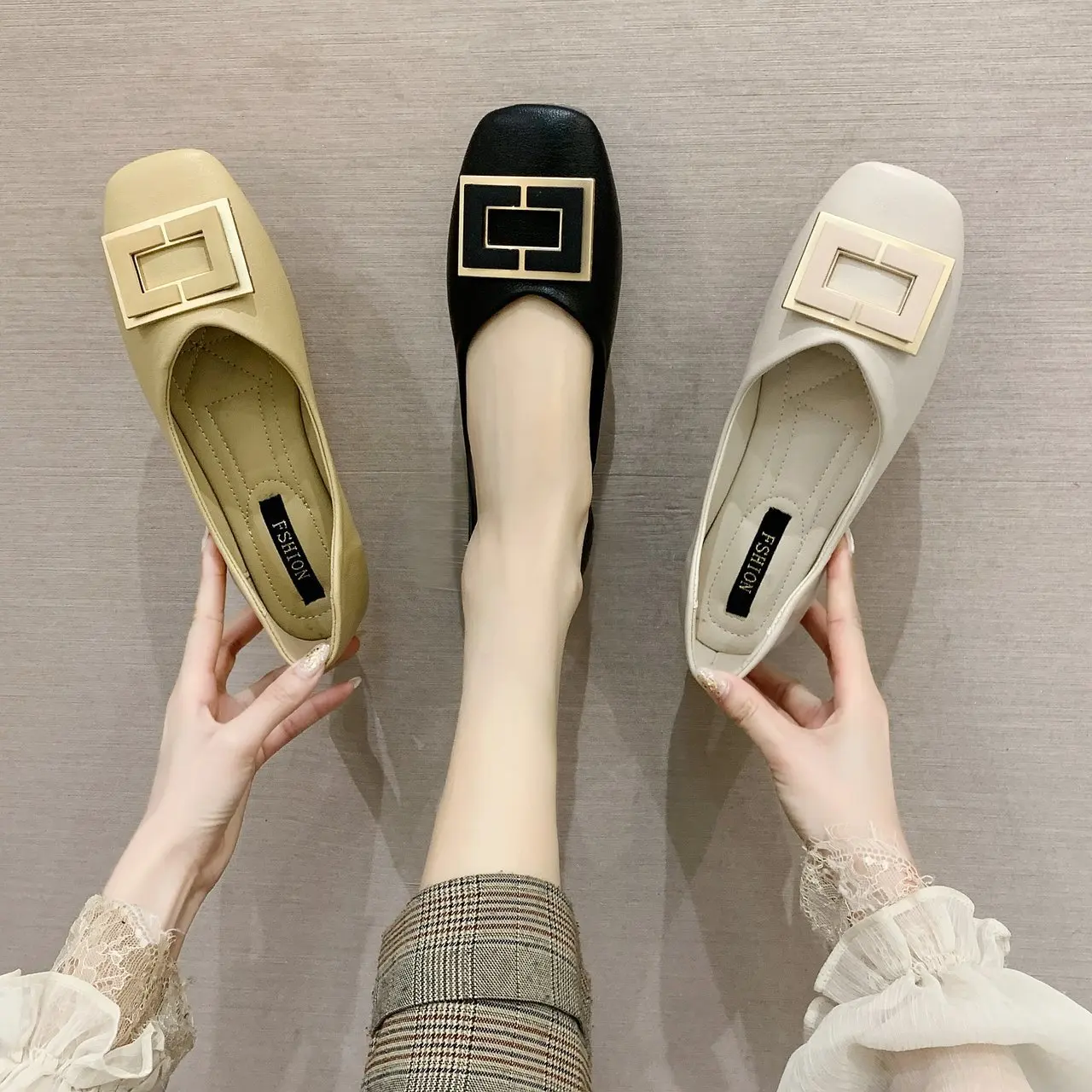 

Women Pumps Low Heel Square Toe Fashion Big Buckle Leahter Flats Shoes Office Lady Slip on Female Ballet Flats Outdoor Footwear