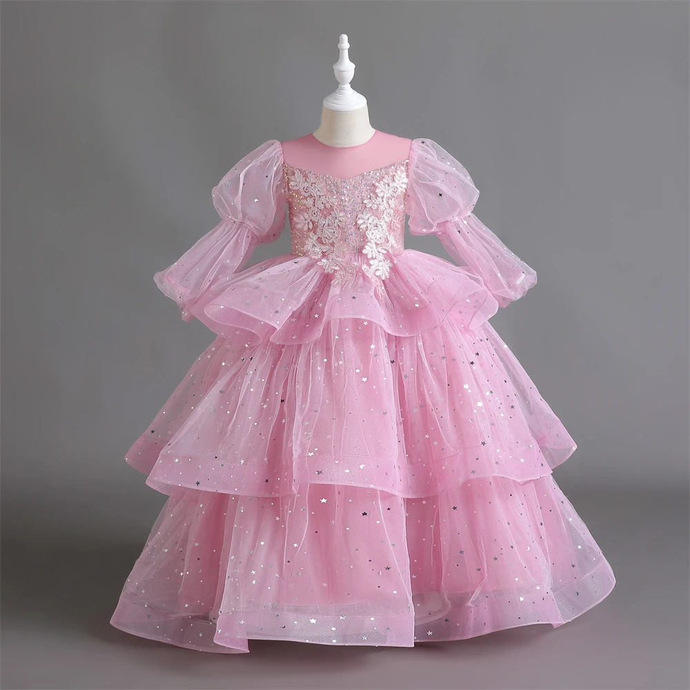 

Платье принцессы с блестками и цветами для подростков, платье с длинным рукавом и бантом для подружек невесты, детское платье для девочки, костюм, свадебные вечерние платья