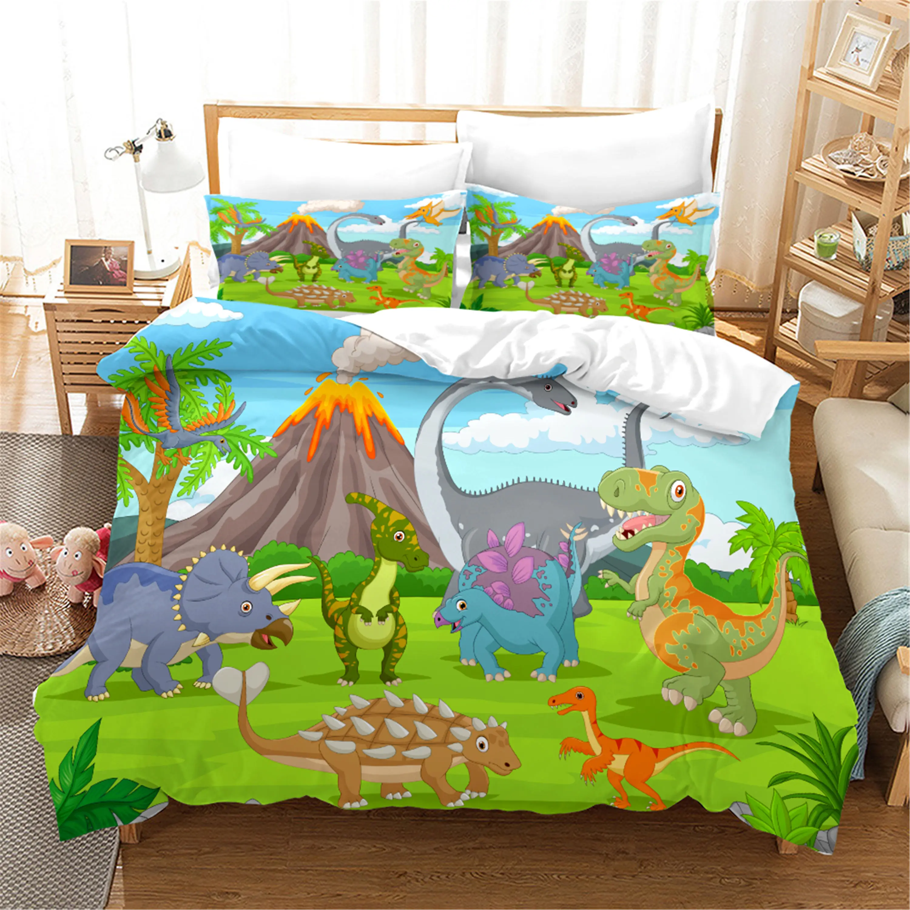 

Printed Duvet Cover Bedclothes 2/3pcs Home Textiles Luxury High Quality Bedspread Queen Size Cartoon Cute Bedding Set Dinosaur