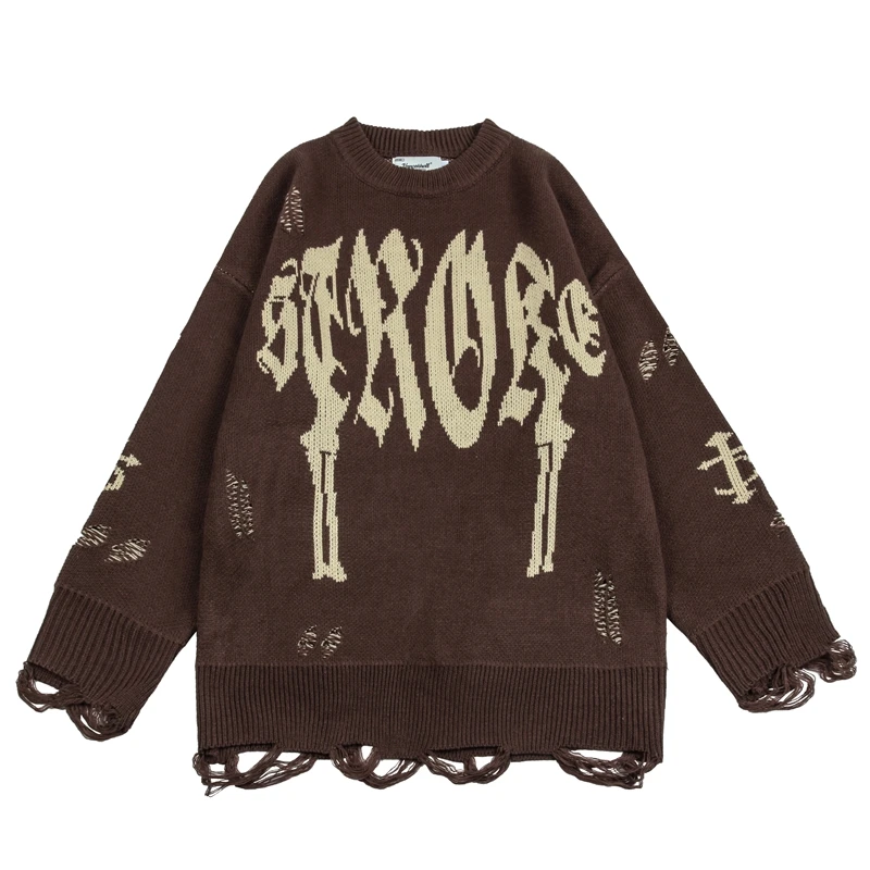 

High Street Frayed Retro Letter Tassel Autumn Sweaters Men and Women Round Neck Hole Ripped Oversized Pullover Knitted Clothes