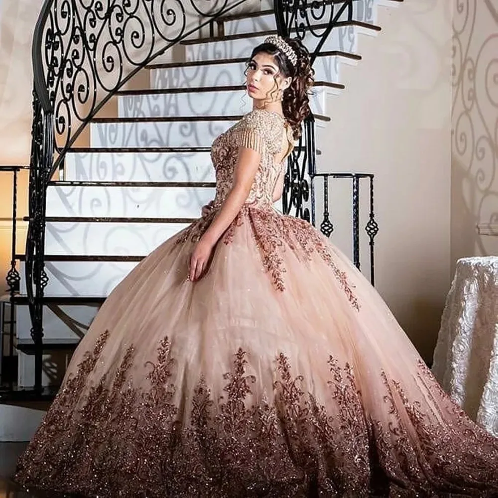

Винтажное роскошное бальное платье, платья для Quinceanera с рукавами-крылышками, блестками, аппликациями и бусинами, милое платье 16, платья 15 лет