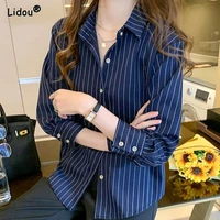 women shirt thin single breasted slim spring autumn striped button polo neck office lady womens clothing long sleeve popularity