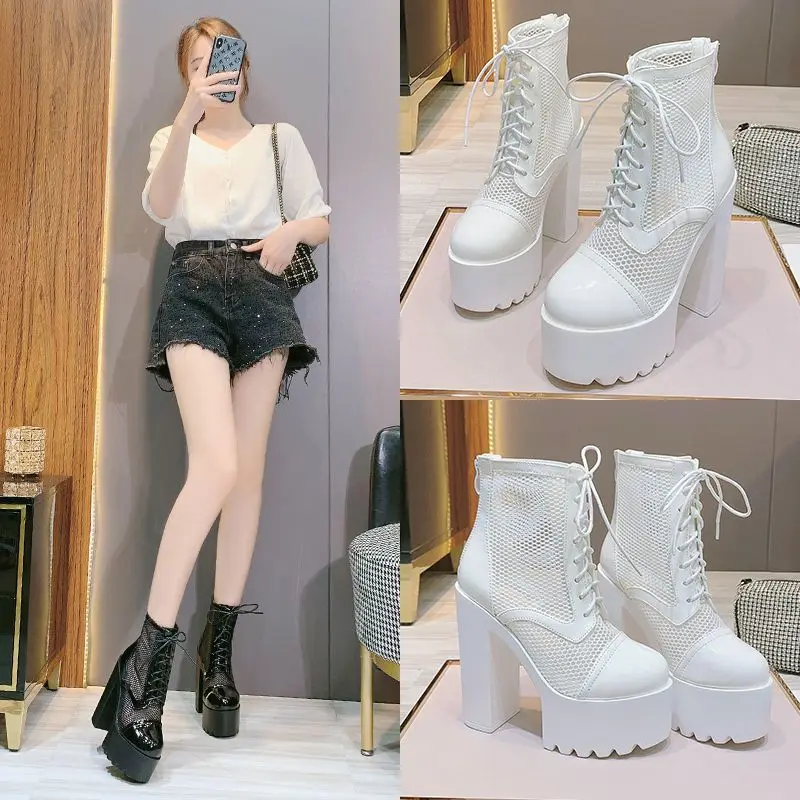 2023 New Sandals Chunky Heel Nightclub High Heel Platform White round Head Lace-up Autumn Banquet Women's Shoes 15cm