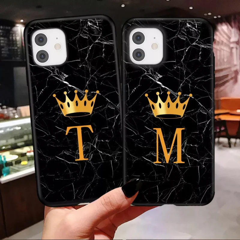 

JOME Initial Letter A Z Crown Phone Case For iPhone 11 12 13 Mini Pro Max X XR XS Max 8 7 Plus Marble Texture Couples Soft Cover