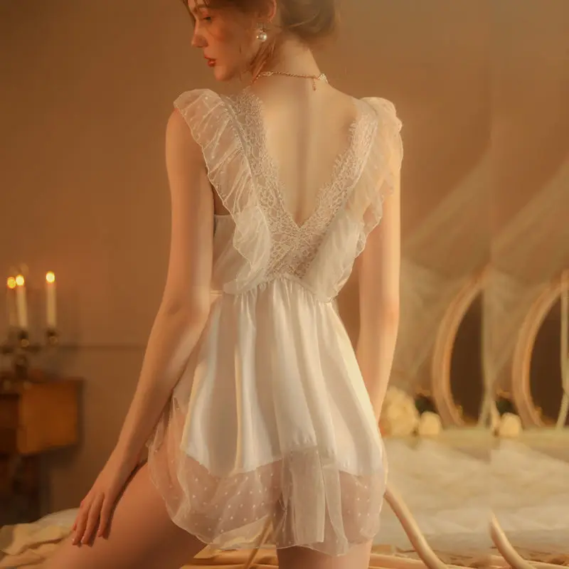New night clothes perspective lace ice silk nightdress short skirt deep V temptation sexy pajamas suit