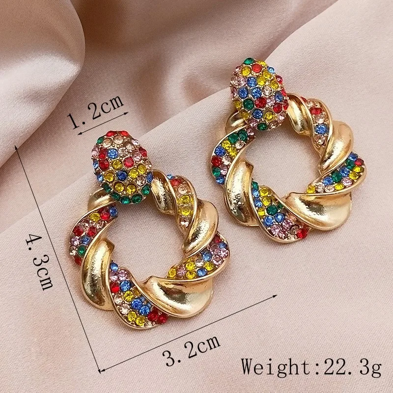 Colorful  Earrings Exaggerated Gold Alloy Rhinestone Earrings Rhinestone Earrings Retro Geometric Colorful Round Ring Earrings