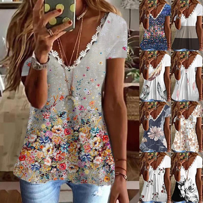 

Summer Feather Print Cotton Faux V-Neck Short Sleeve Lace T-Shirt