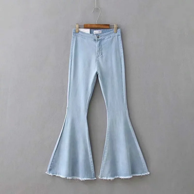 2021 Woman Jean Stretch Flare High Waist Jeans Buttons for Women Denim Pants Large Wide Leg Skinny Pant New Autumn Winter