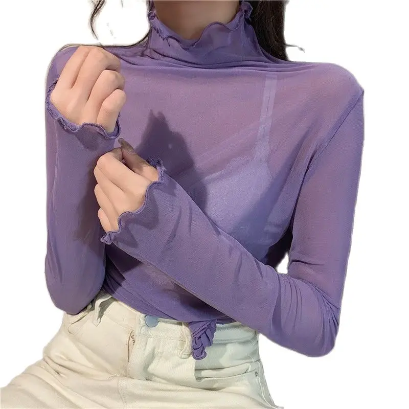 

2021 tees autumn new candy color net yarn WOMEN t-shirts shirt for girls with high neck blouse top thin P3 1151