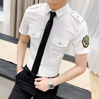 korean style men white shirt with tie uniform short sleeve clothing for work army combat military uniform mens casual lapel lon