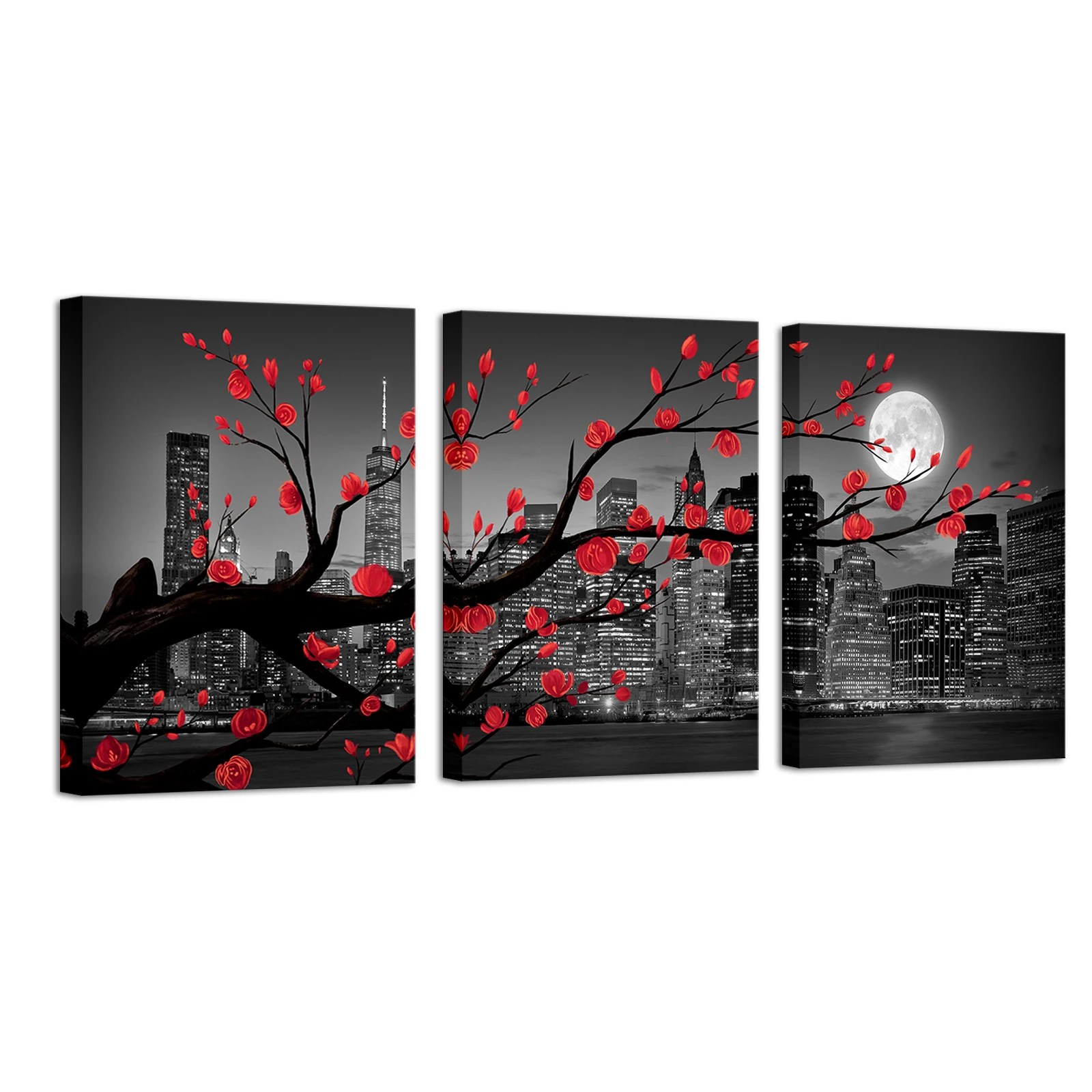 

3 Pieces Red Flowers Poster Home Decor City Night View Print Canvas Painting Modern Style Pictures Living Room Wall Art