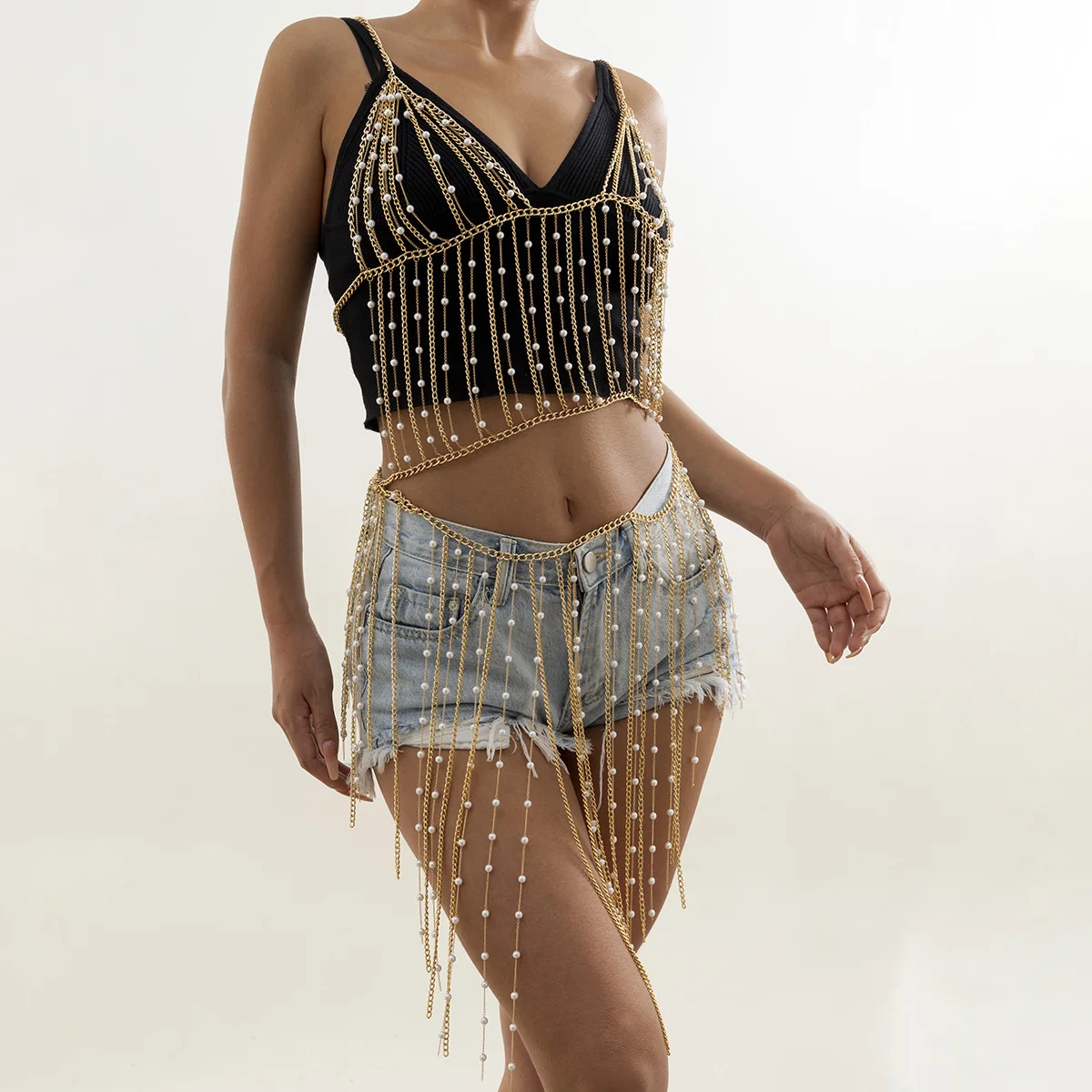 

for Women Body Jewelry Sexy Bikini Imitation Pearl Tassel Dress Chain Geometric Metal Long Body Chain Female Sexy