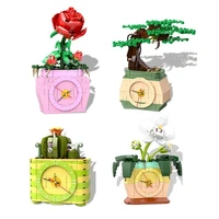 city rose orchid flower potted plants clock building blocks home decoration diy friends bricks diy toys for kids girls gifts