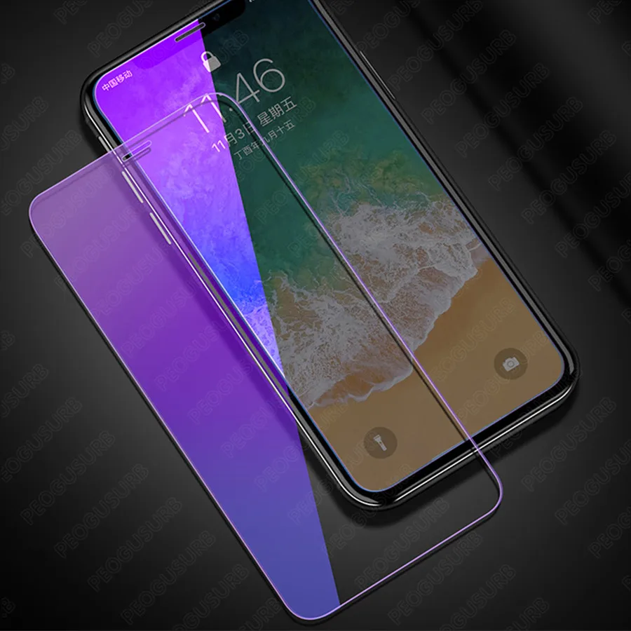 Anti UV Purple Blue Light Fingerprint Tempered Glass For iPhone 14 13 12 11 Pro XS Max XR X 8 7 6 6s Plus Screen Protector Film