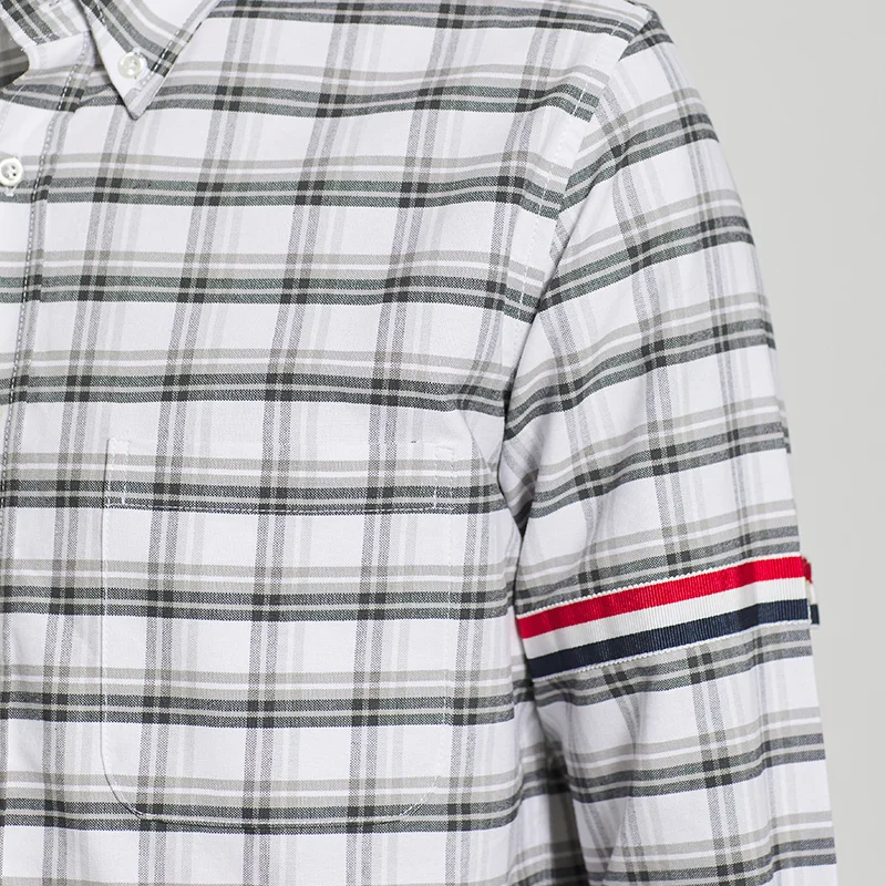 TB THOM Shirt Top Fashion Brand Gray Plaid Ribbon Armband Stripes Slim Fit Casual Men's Clothing Fine Cotton Long Sleeve W