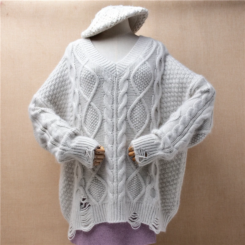 

Female Women Fall Winter Clothing Jacquard Weave Hairy Angora Rabbit Hair Knitted V-Neck Loose Pullover Jumper Sweater Pull Tops