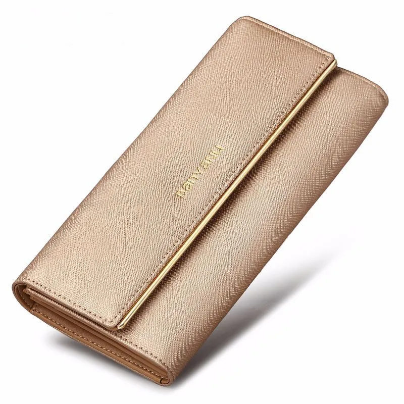 

Genuine Leather Long Women Wallets Multi-functional Female Simple Tri-fold Metal Buckle Coin Purses Ladies Clutch Money Clip