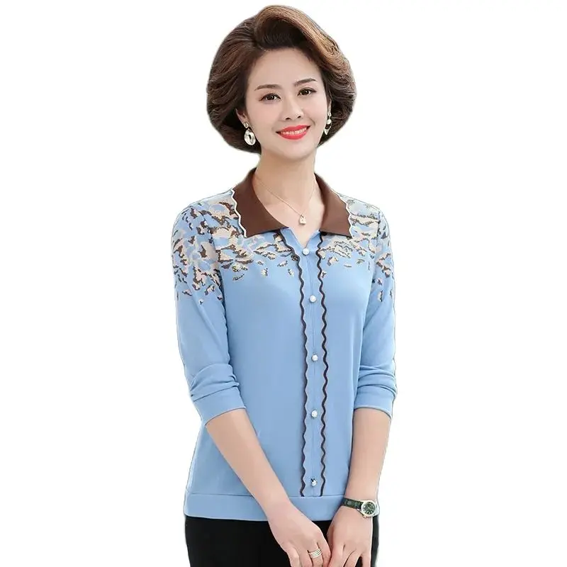 

Middle-Aged And Elderly Large Size Spring And Autumn Lapel Tops Fashion Bottoming Shirts Womens Autumn Long-Sleeved Comfortable