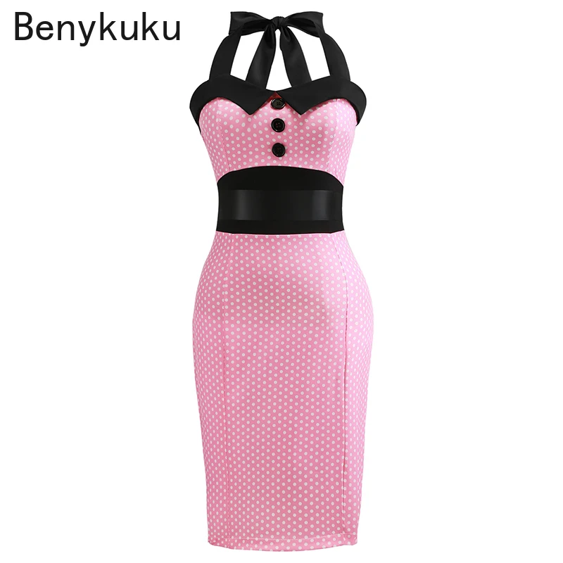 Женское винтажное платье в горошек розовое стиле Одри Хепберн с лямкой на шее