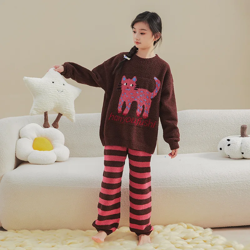 ZOETOP 2024 зимняя детская одежда для сна девочек школьная с мультяшным котом теплые