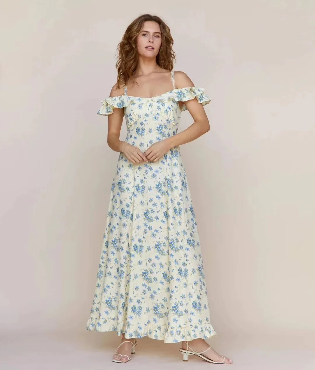 2023 New Slash Collar Ruffles Sleeve Women Sweet Floral Print Sling Long Dress