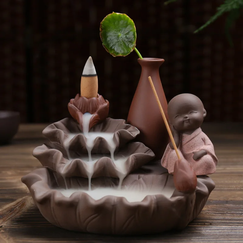 

FY Purple Sand Backflow Incense Burner Ceramic Monk Home Decor for Sandalwood Incense Sticks Holder , with Small Flower Vase