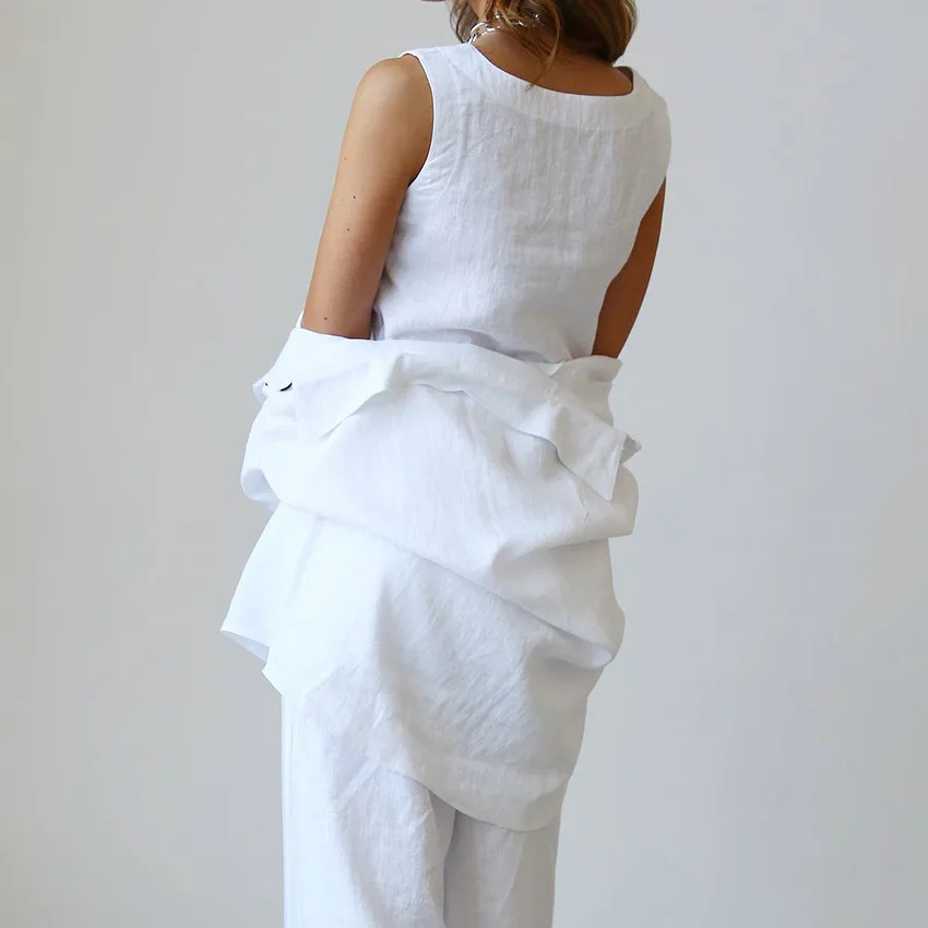 Fashion Pajamas for Women Cotton 3 Peice Suit Home Clothing Solid Inner Wear Vest Long Sleeve Tops Casual Pants Loungewear Women