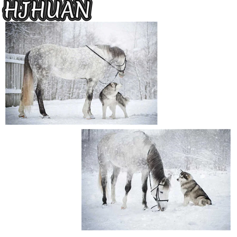 

5D алмазная живопись «сделай сам», зима, лошади, собаки, круглая, квадратная вышивка, вышивка крестиком, мозаика, искусство, картина, украшение для дома