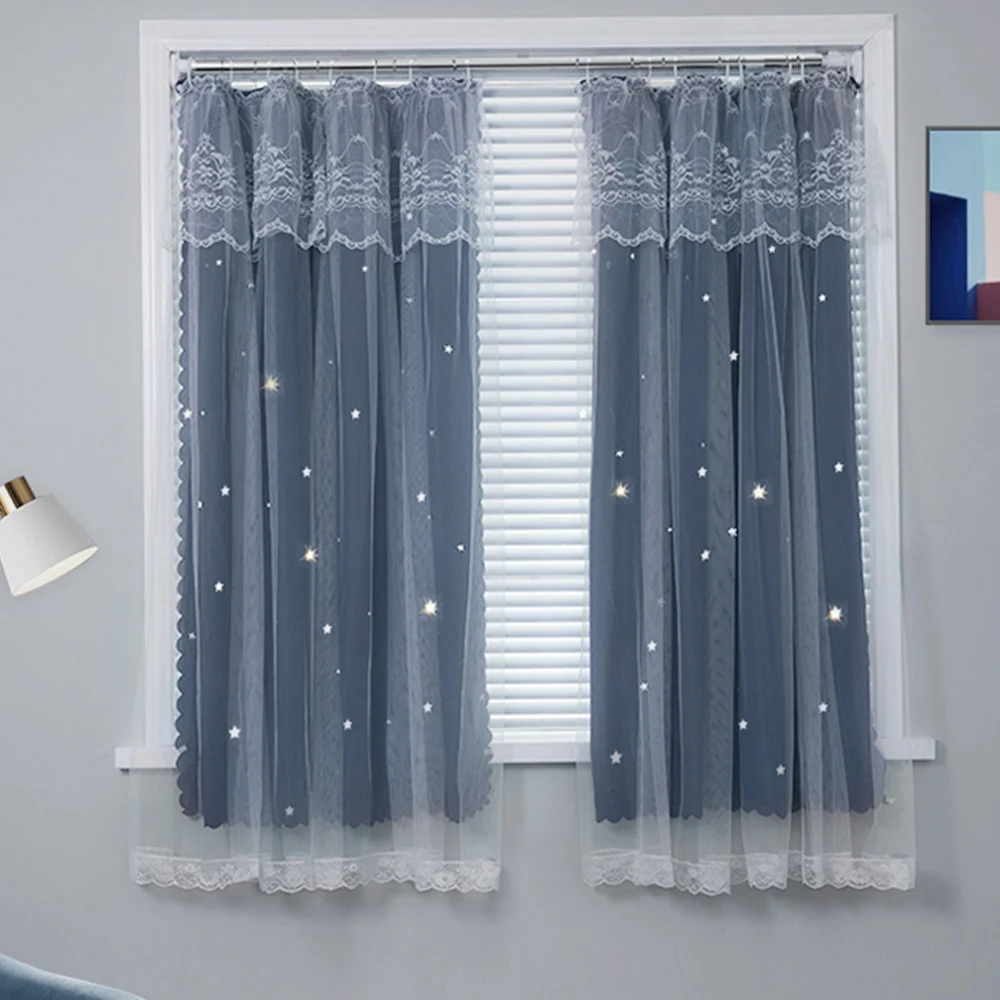 

JBTP New Curtains for living room Kids girls bedroom decoration Ring type Free of punch Gauze Hollow out stars Full sunshade