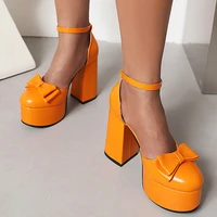 2022 summer autumn ankle strap covered round toe block high heel shoes bow knot white elegant sandals dress shoes platform 43