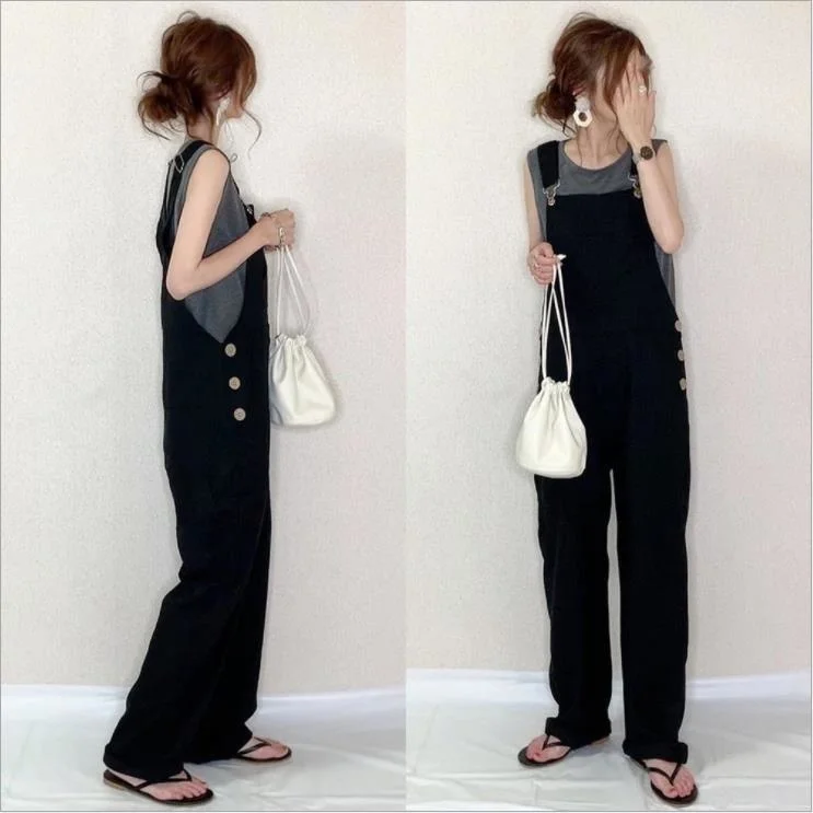 

Women Loose Wide Leg Jumpsuit Spring Summer 2022 New Japanese Solid Casual Rompers All Match Black Suspenders Straight Pants