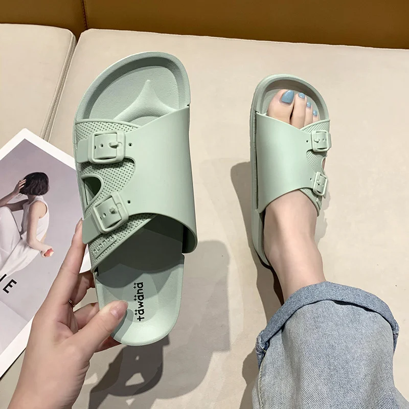 Summer Solid Buckle Female Slippers PVC Anti Slip Fashion Women's Flip Flops 2023 Waterproof Outdoor Pool Female Beach Shoes