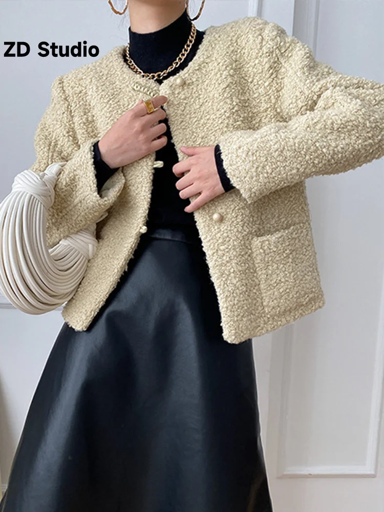 

[ZD Studio] High End Woolen Coats Women Disc Buckle Round Neck Long Sleeves Short Style Female Coat 2023 Autumn New