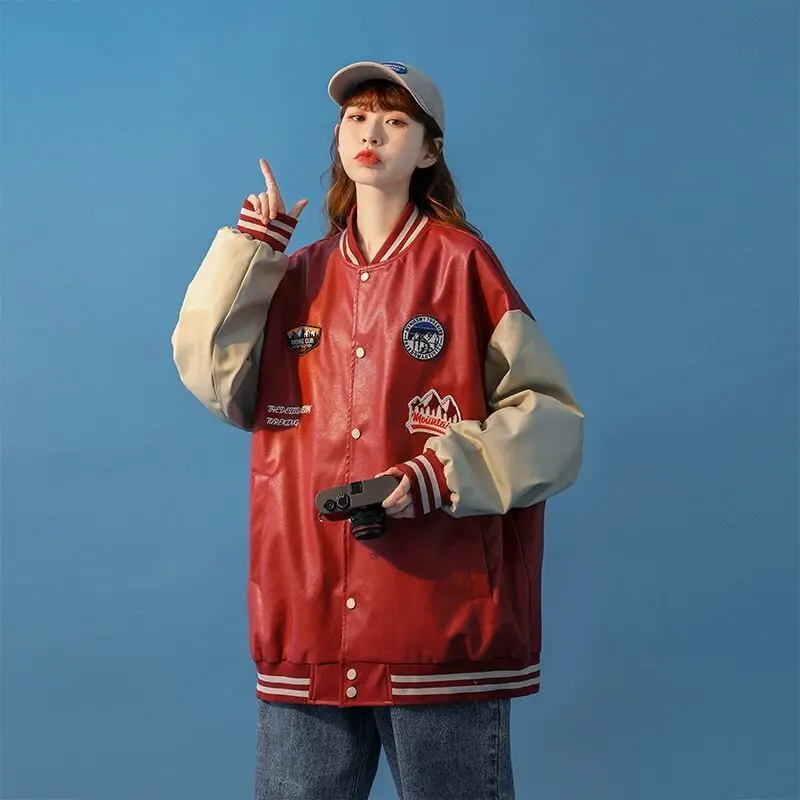 

Американские кожаные куртки в стиле ретро с вышивкой букв, пальто, женская новая уличная трендовая универсальная бейсбольная форма, Свободный Топ для пар, 2021