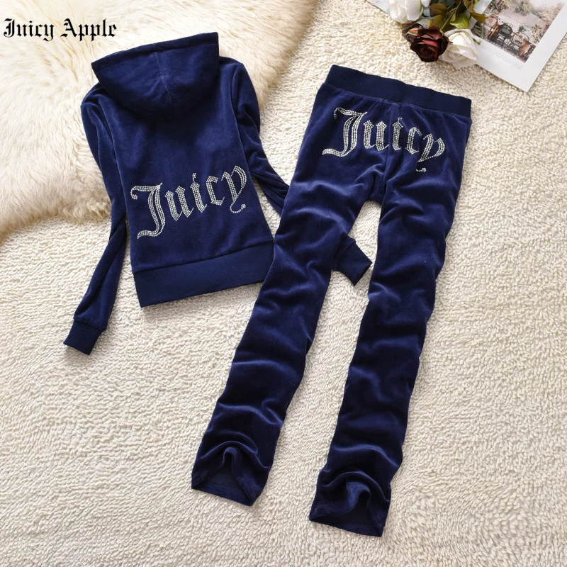 Juicy Apple Hoodies Suit Spring Fall Drill Pattern Casual Tracksuit Women Velvet 2 Pieces Set Sports Sweatshirts Pants Outfits