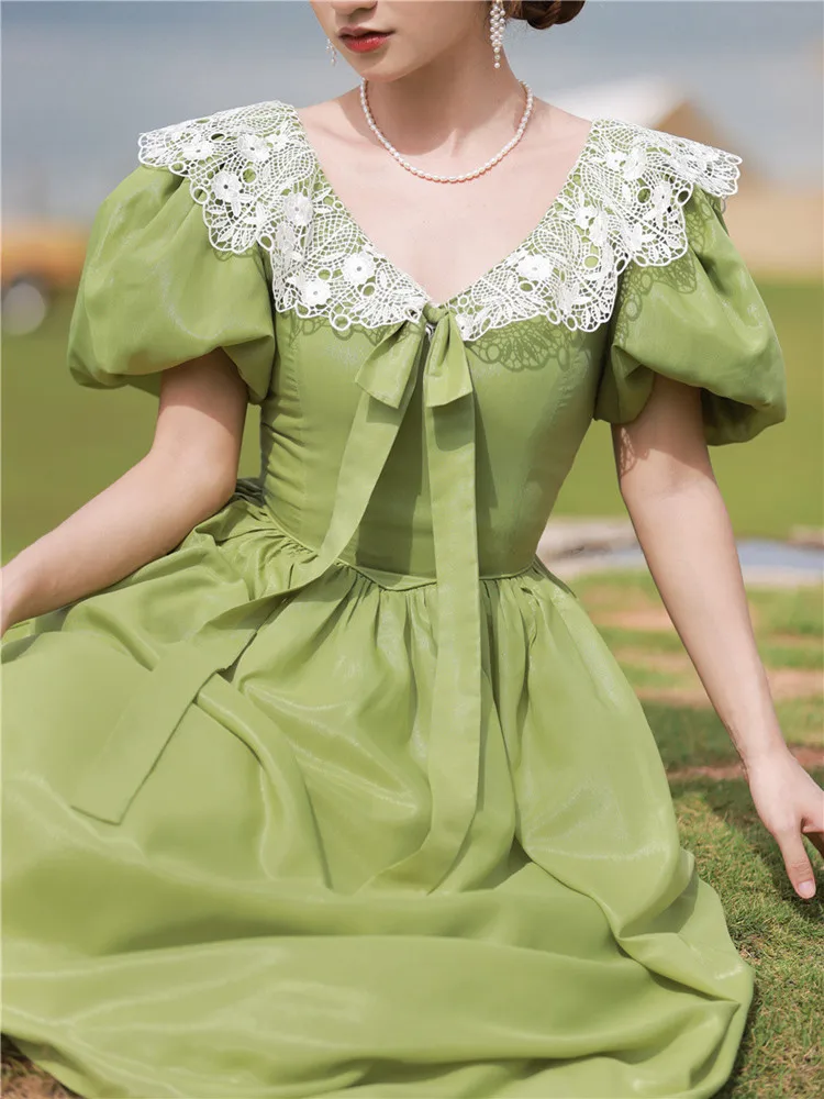 

AIGYPTOS Spring Summer Maxi Dress Women Vintage Elegant Lace V-Neck Puff Sleeve Dress Sweet Three Layers Big Swing Green Dress
