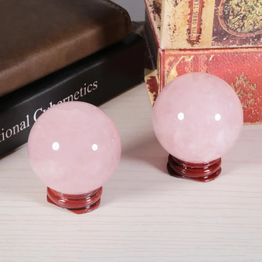 TUMBEELLUWA Natural Rose Quartz Crystal Ball With Wood Stand Healing Crystals Sphere Sculpture Home Ornaments Table Decoration