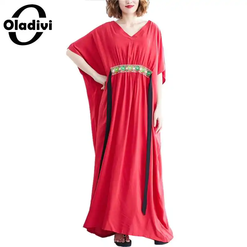 

Oladivi Oversize Oversized Women Clothing Summer Fashion Embroidery Waist Maxi Long Dress Bohemian Beach Wear Femmale Vestidios