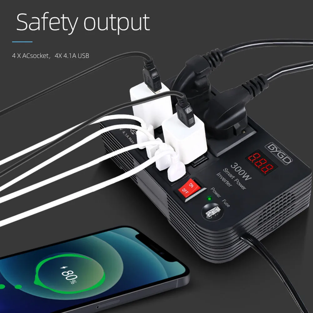 

ALLOET 300W Car Inverter DC 12V to AC 220V Power Converter Splitter 4 USB Fast Charging Universal Socket Smart Voltage Monitor