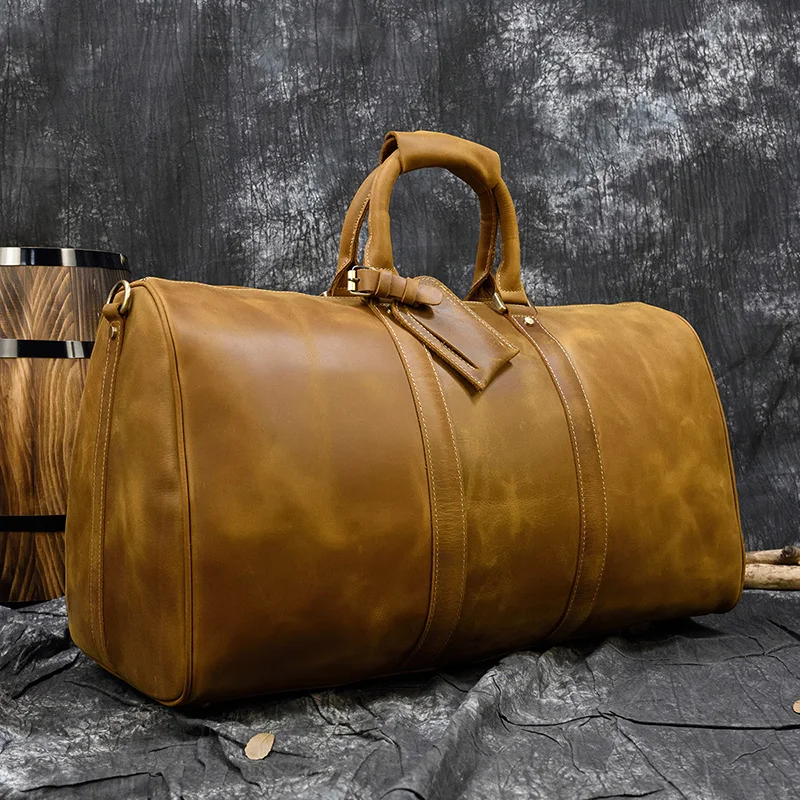 

Men Vintage Crazy Horse Leather Travel Bag Big Real Leather Weekend Bag Zip Around Cow Leather Duffle Bag Hand Luggage Bag