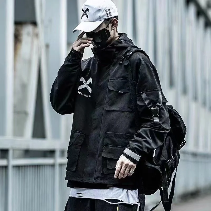 Techwear Reflective Jacket for Men Streetwear Black Hooded Waterproof Windbreaker Retro Overalls Coats Loose Fit Couple Jackets