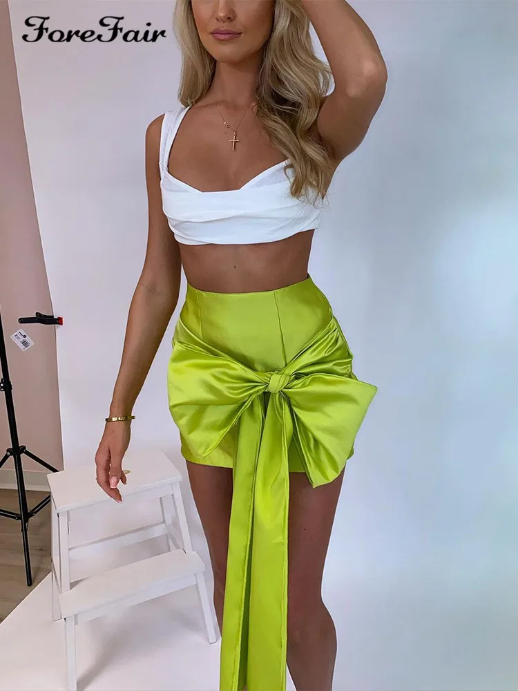 

Forefair 2022 Satin Bow Bodycon Skirt Women Green Y2K Mini Spring Summer High Waist Bandage Party Pencil Skirts Fashion Club
